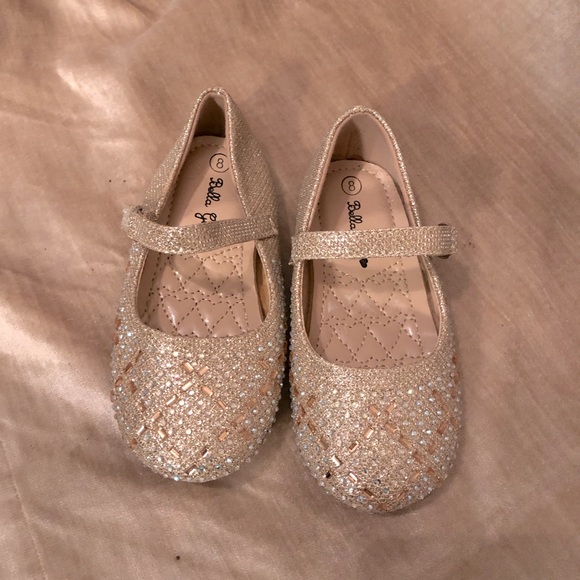 Girl’s gold sequined Mary Jane dress shoes with light blue accents. - Picture 1 of 6